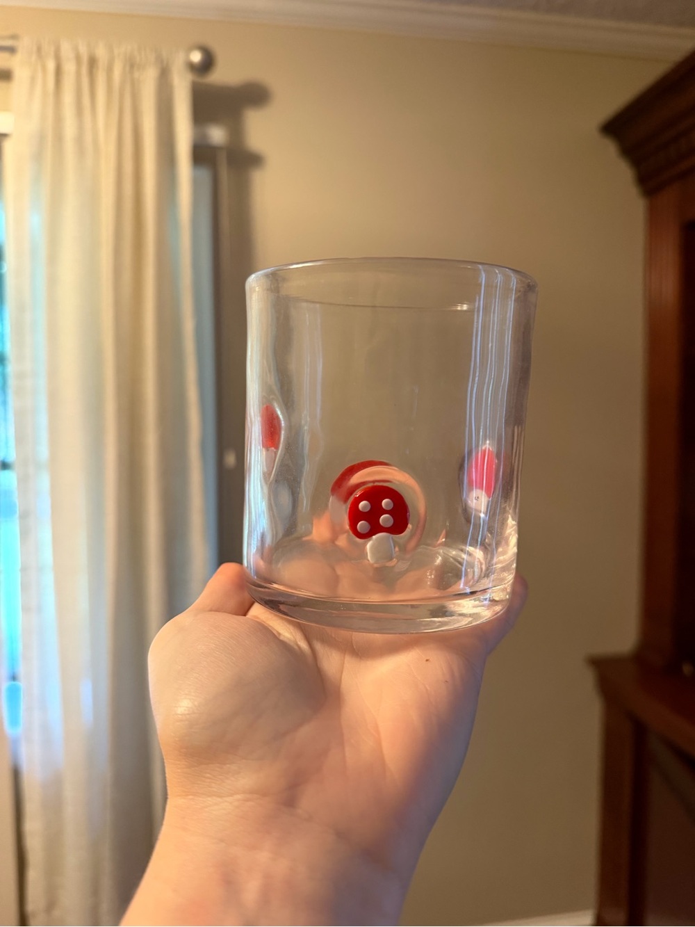 Hand-Blown Glass Tumbler with Red Mushroom Dots - icon juice glass